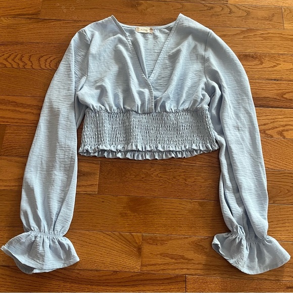 Light Blue Smocked V-Neck Top - Picture 1 of 3